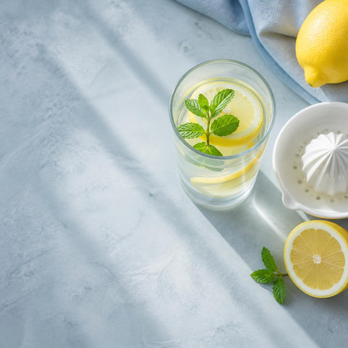 Glass of lemon water with mint and lemon slices on a pale stone surface