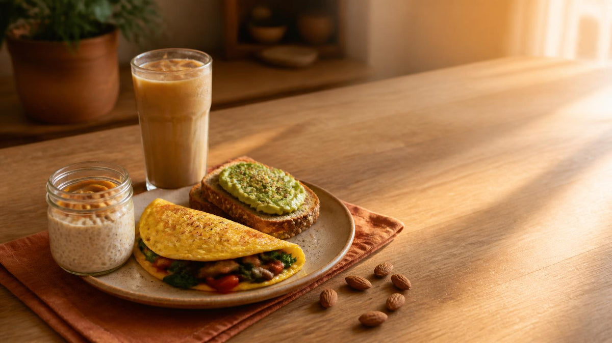 High-protein breakfast spread with eggs, avocado toast and a protein latte