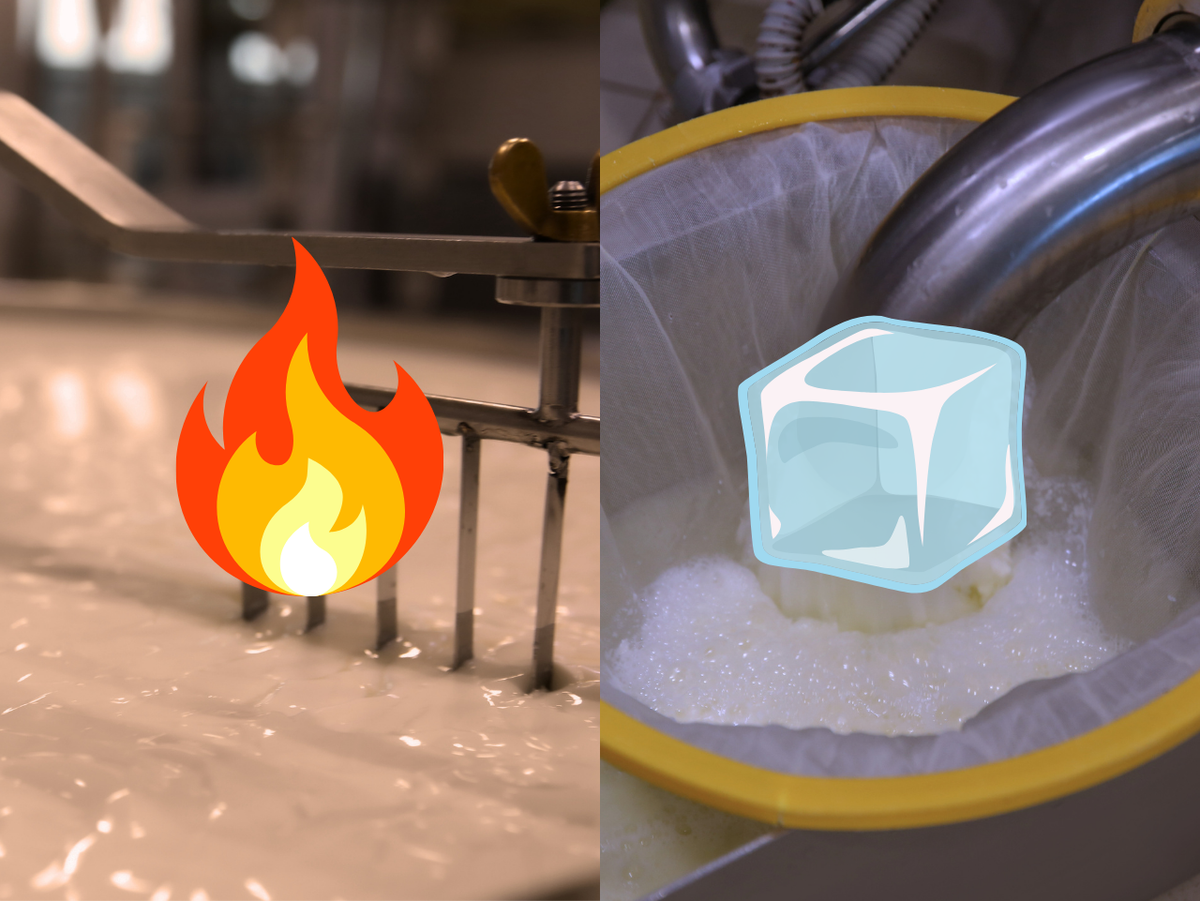 Fire and ice icons comparing hot- and cold-processed whey manufacturing