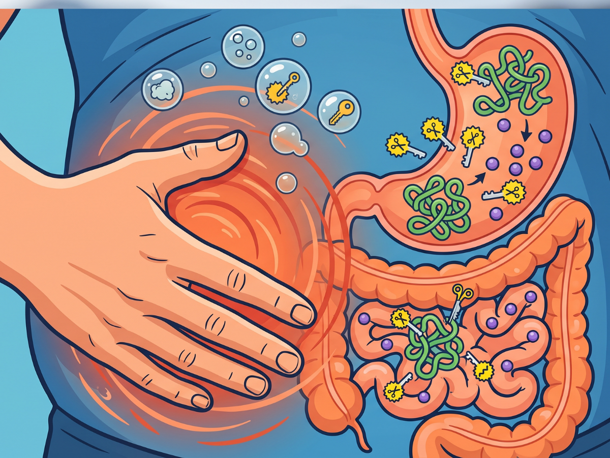 Illustration of stomach bloating and digestive enzyme breakdown