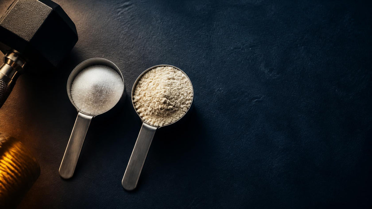 Two steel scoops on a dark slate surface, one holding creatine powder and one holding whey protein powder