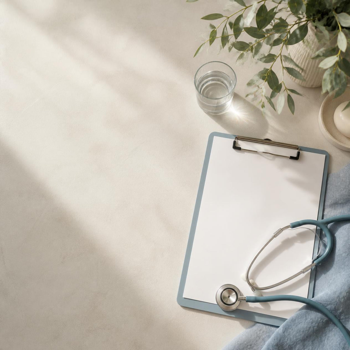 Clinic desk with a clipboard, stethoscope and glass of water beside a sprig of leafy greens