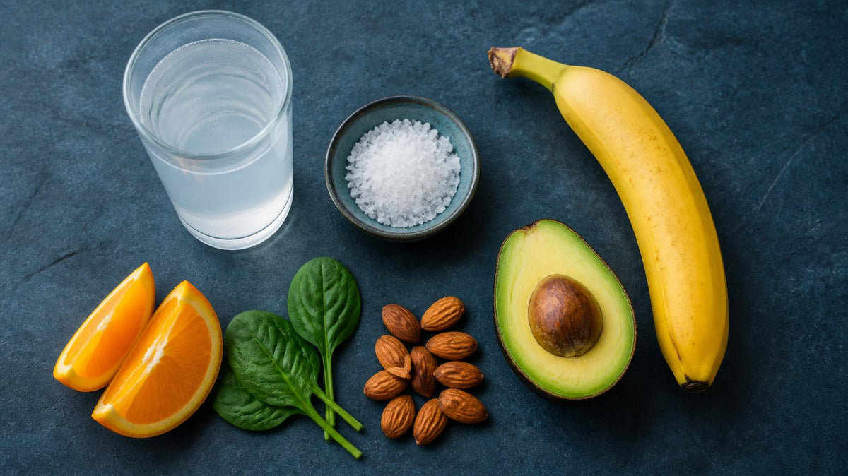 Glass of coconut water, dish of sea salt, banana, avocado, almonds, orange slices and spinach on a blue-grey slate surface