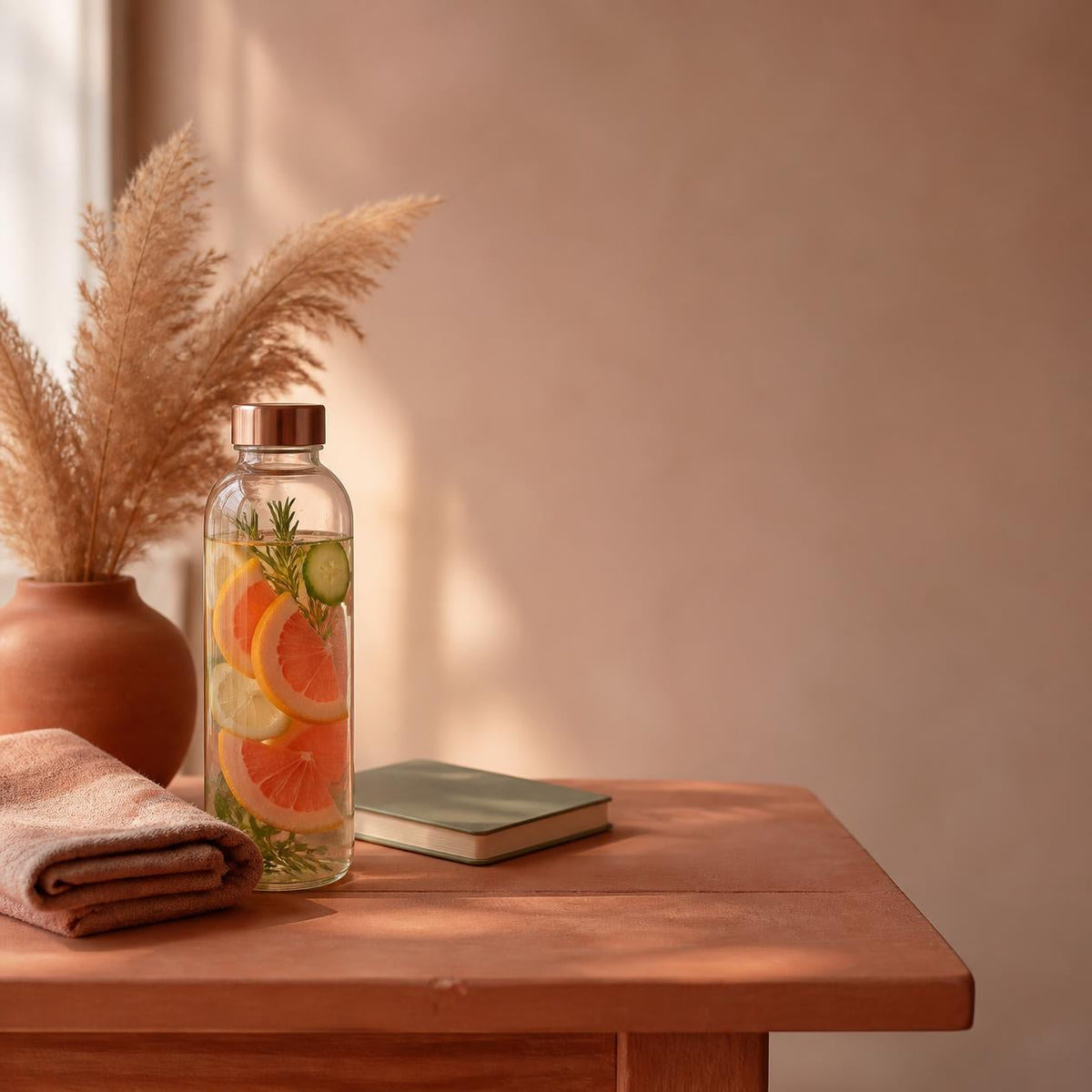 Glass water bottle with fruit-infused water beside dried pampas grass on a terracotta table