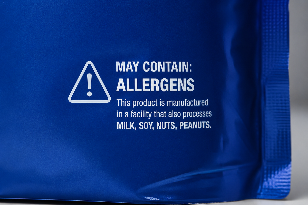 "May contain allergens" warning label on a whey protein pouch