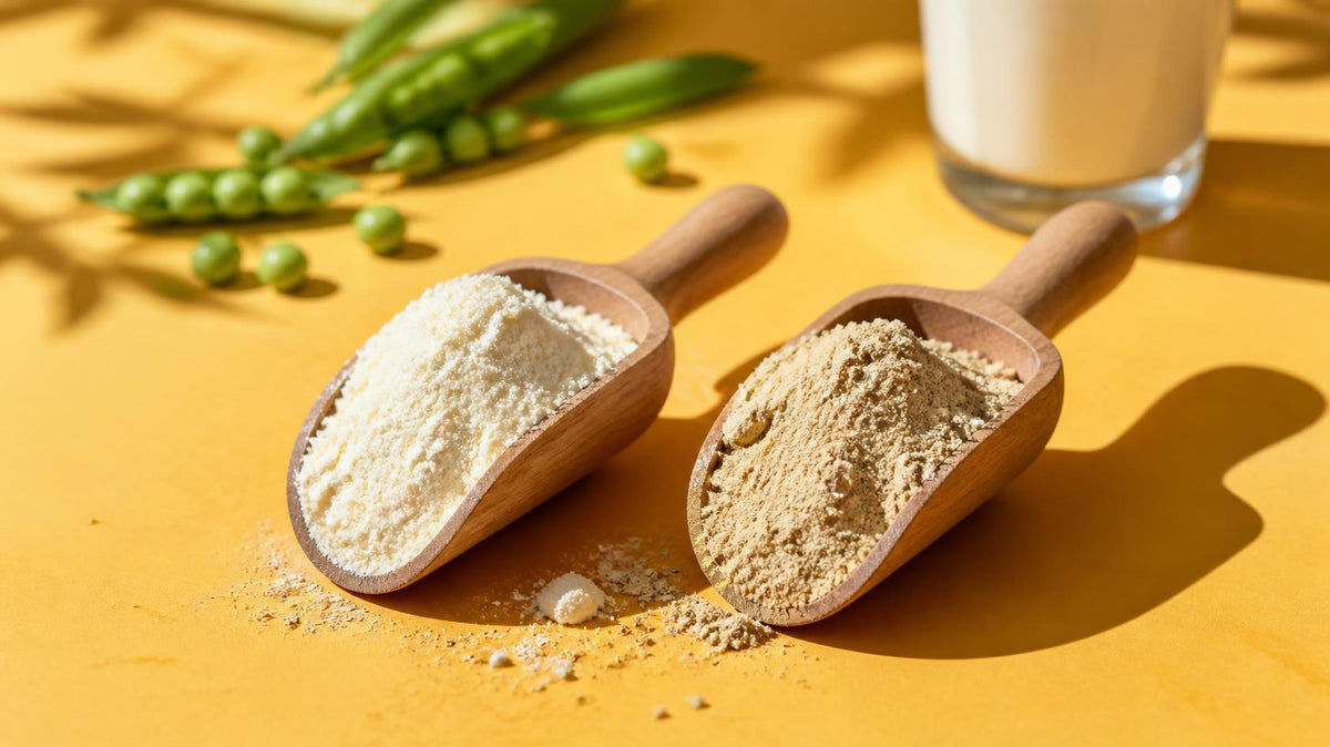 Two wooden scoops, one with white whey protein powder and one with beige pea protein powder, on a yellow surface beside pea pods and a glass of milk