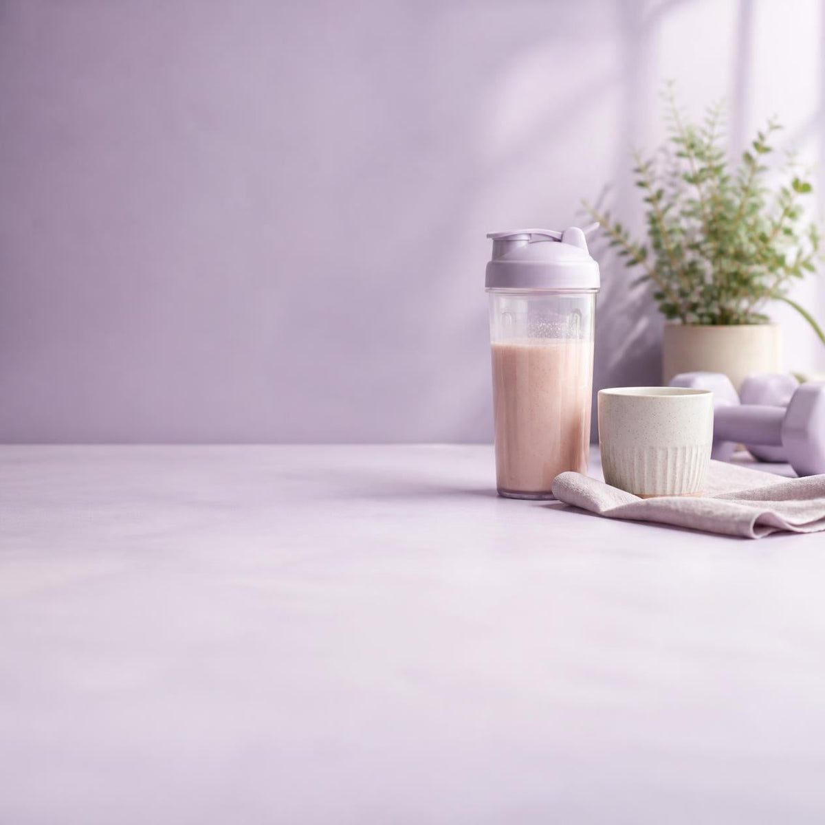Glass shaker with a blush-pink protein shake beside a ceramic cup and pastel dumbbells on a lilac table