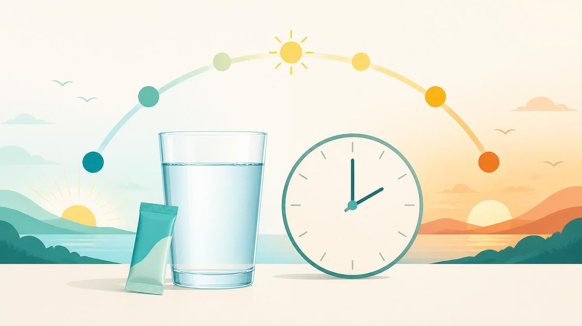 Glass of water and electrolyte sachet beside a clock face with a sunrise-to-sunset arc, illustrating hydration timing through the day