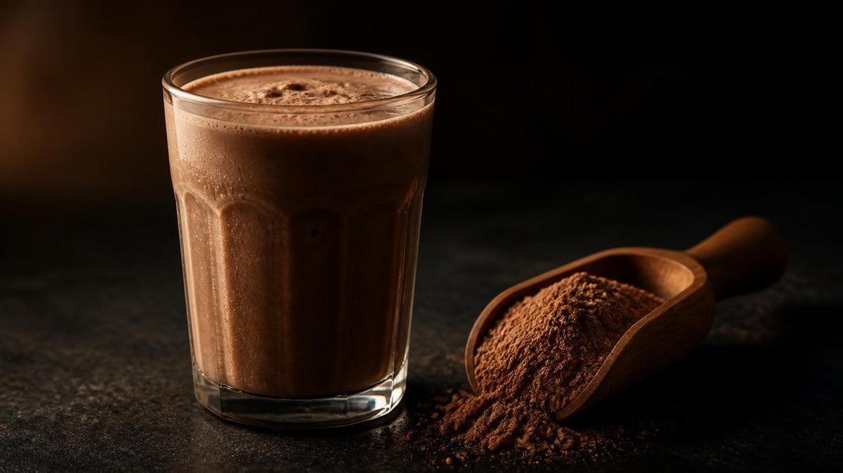 Tall glass of creamy chocolate whey protein shake beside a wooden scoop of cocoa-brown protein powder on a dark slate surface