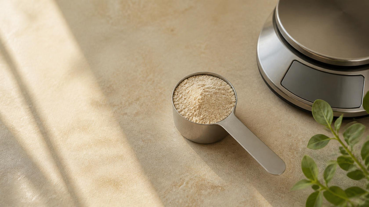 Steel measuring scoop of whey protein powder on a stone countertop next to a kitchen scale