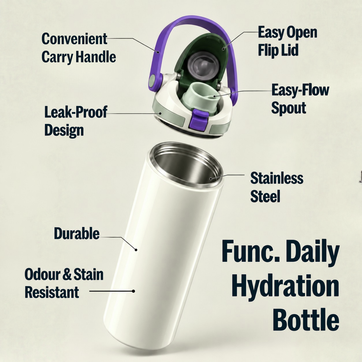 Func. Daily Hydration Bottle – White (Balance) | Long Portable Handle